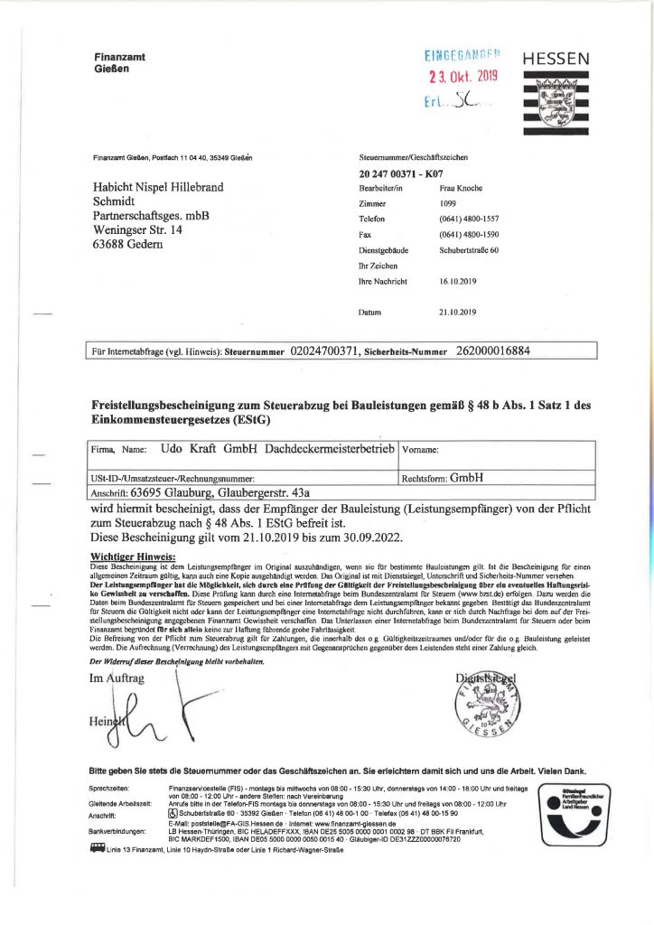 Freistellungsbescheinigung – Udo Kraft GmbH